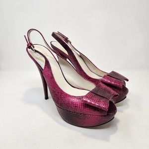 Stuart Weitzman Vevey Pink Leather Snake Print Stiletto Heels 10 M Slingback Bow